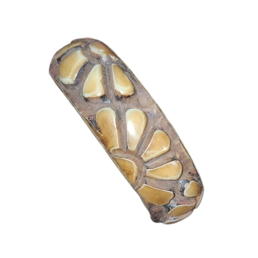 Floral Carved Chunky Bangle Bracelet Brown Vintage